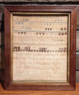 Antique Hand Stitched Sampler 19th Century Alphabet Folk Art Linen Embroidery photo