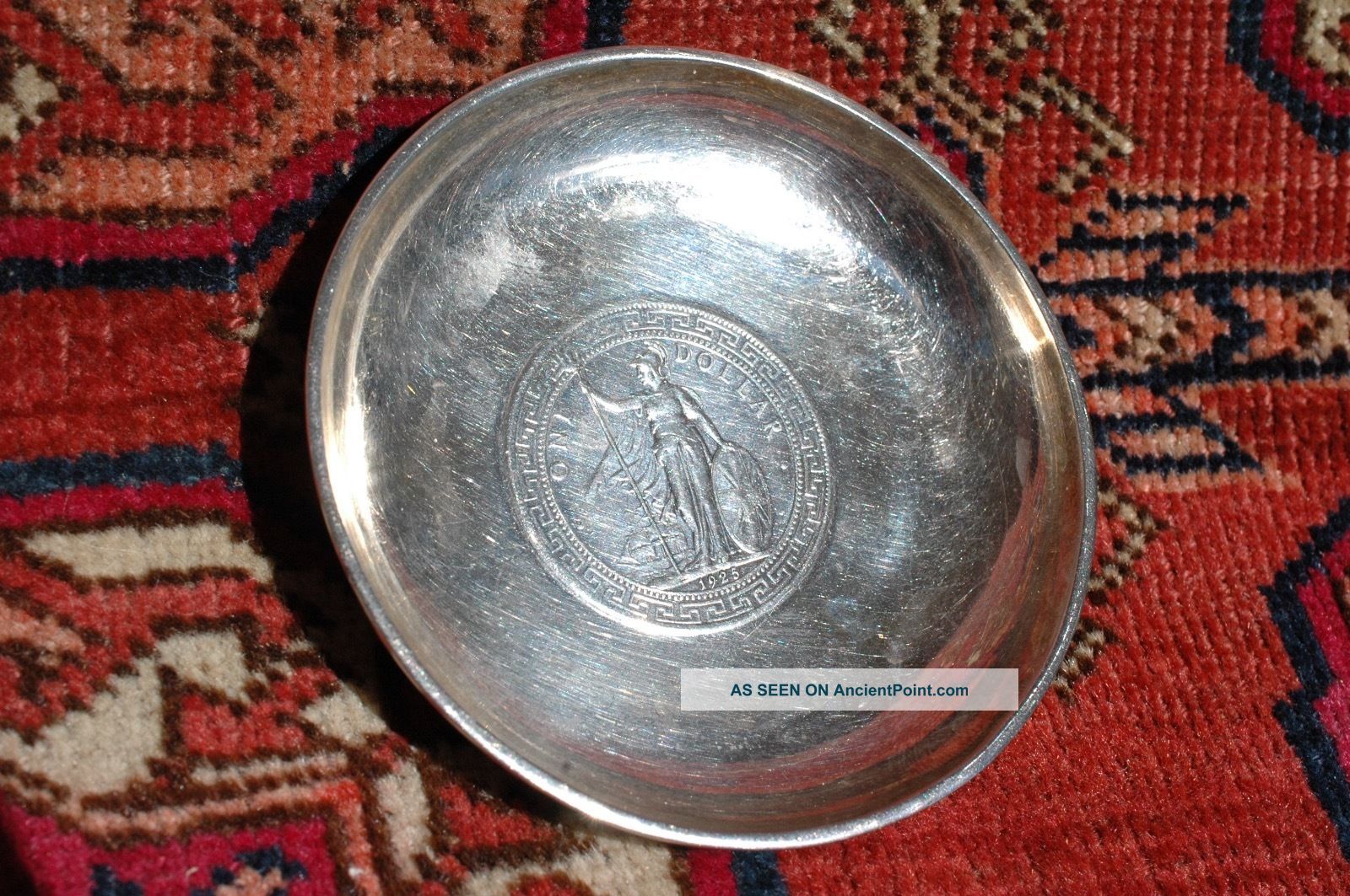 1925 Hong Kong Silver Dollar Coin & Tackhing Sterling Silver Dish Tray Dishes & Coasters photo