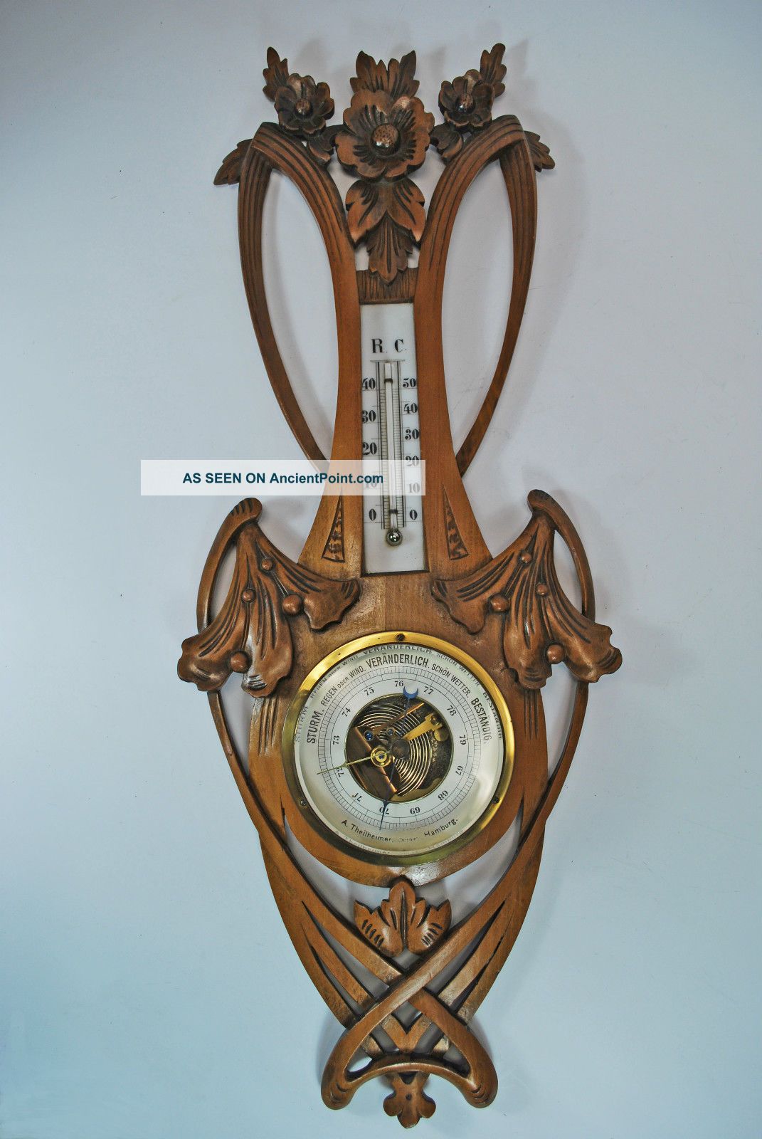 Antique Floral Carved Reticulated Barometer / Thermometer,  Germany. Barometers photo