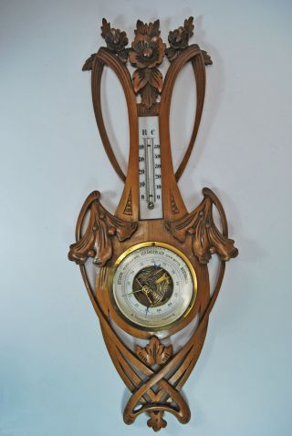 Antique Floral Carved Reticulated Barometer / Thermometer,  Germany. photo
