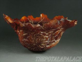 Old Chinese Ox Horn Carved Bowl/brush Washer Fishes Flirting W/ Lotus On Surface photo