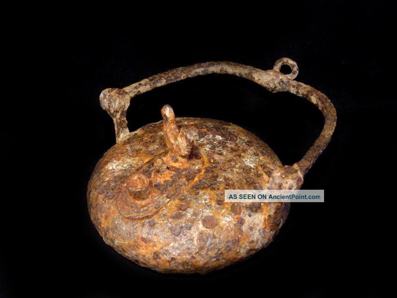 Extremely Rare 1700 - 1800s.  Iron Betty Oil Lamp,  Rooster On Top, Roman photo