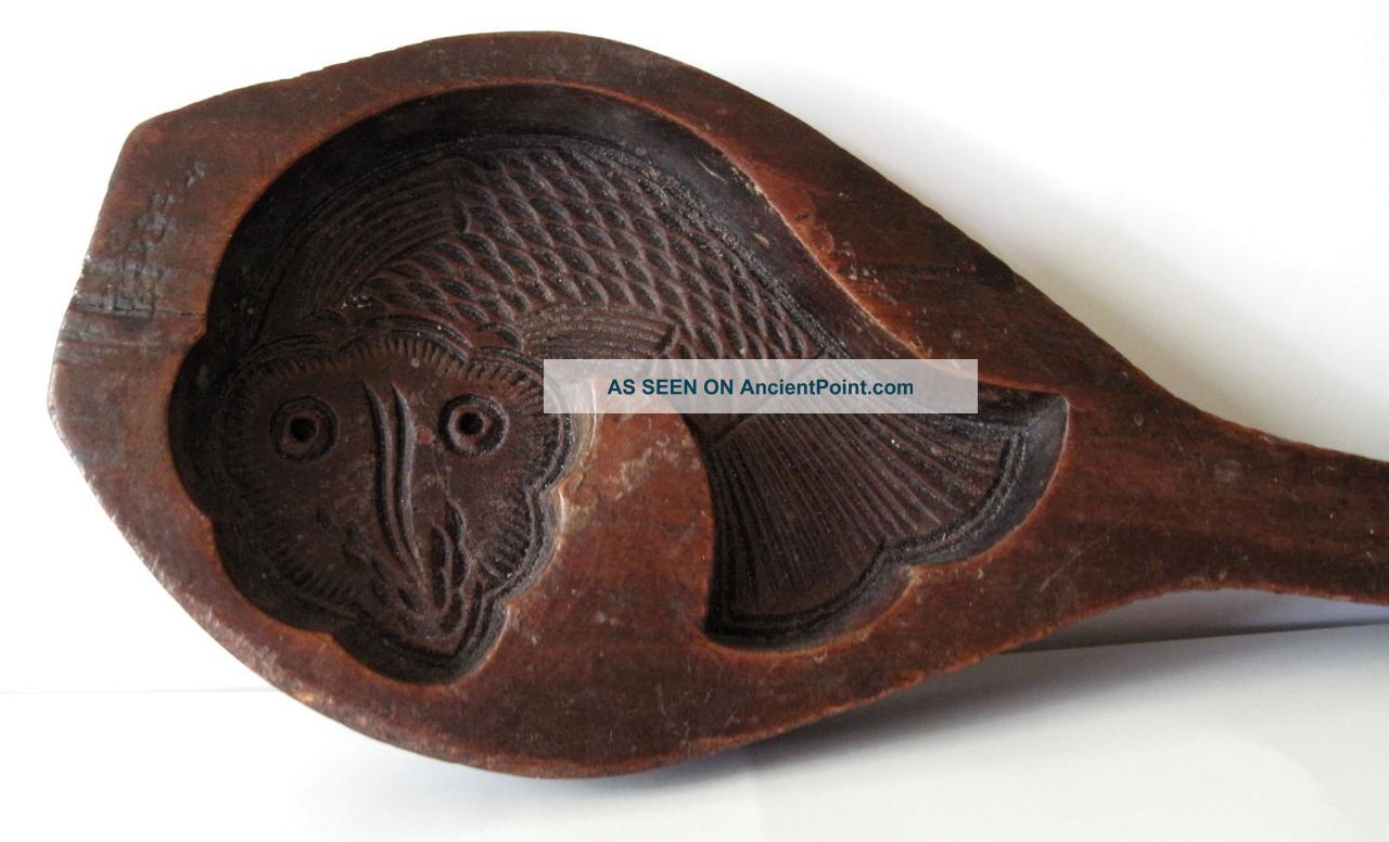 Rare 19thc Antique Primitive Wood Hand Carved Fish Butter Mold Folk Art Stamp Primitives photo