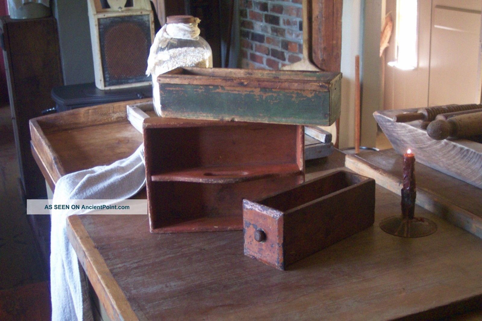 Three Early Antique Primitive Old Wood Boxes W/original Paint Primitives photo