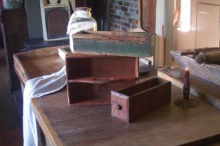 Three Early Antique Primitive Old Wood Boxes W/original Paint photo