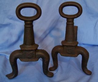 Antique Wrought Iron Diminutive Skeleton Keyhole Fireplace Andirons Fire Dogs N photo