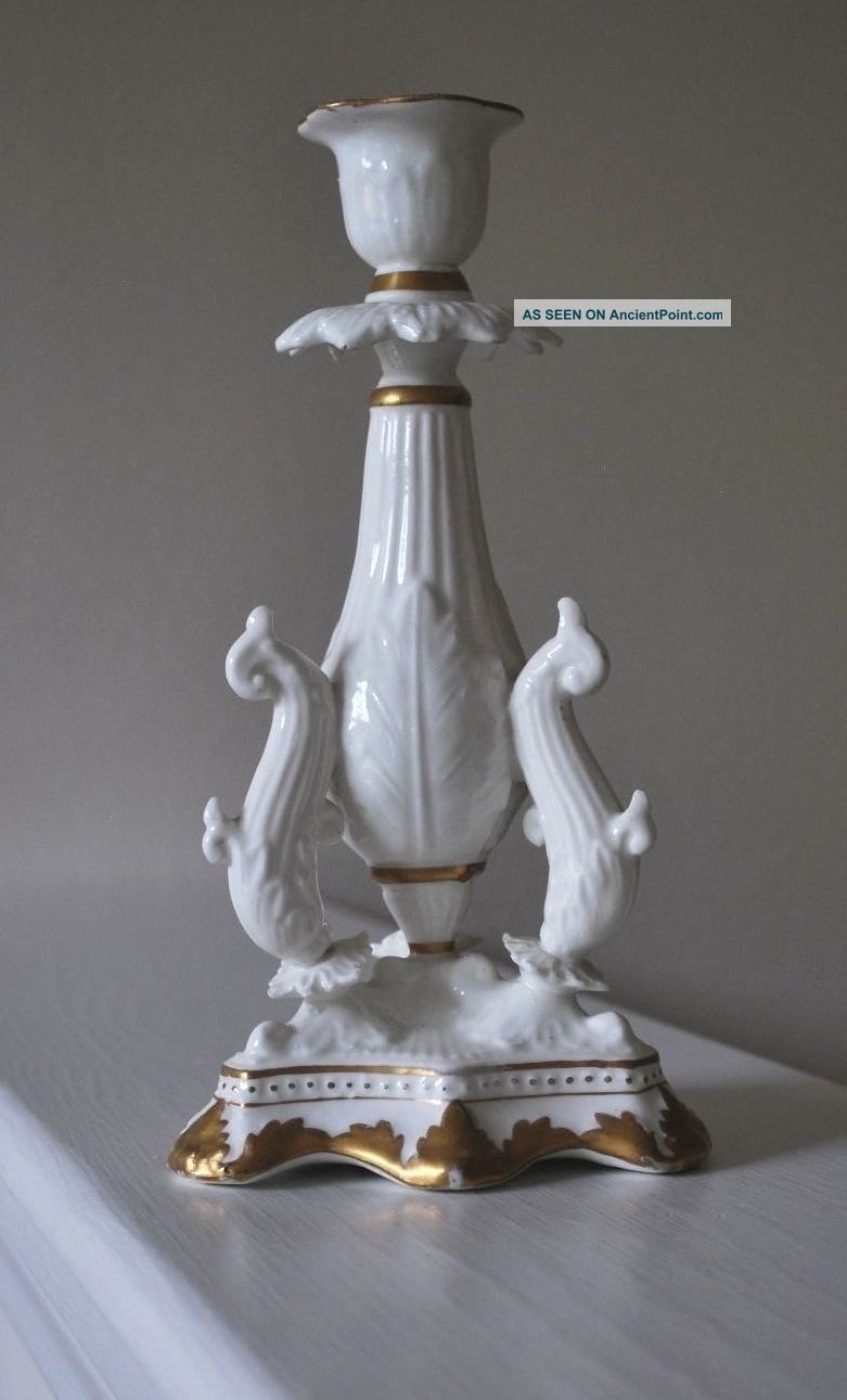 Antique Repro Porcelain White And Gold Candlestick Baroque Leaf & Dolphin Motif Candlesticks photo