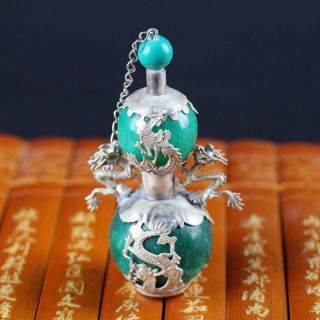 Chinese Antique Silvering And Porcelain Snuff Bottle With Ssangyong Play Pearl photo
