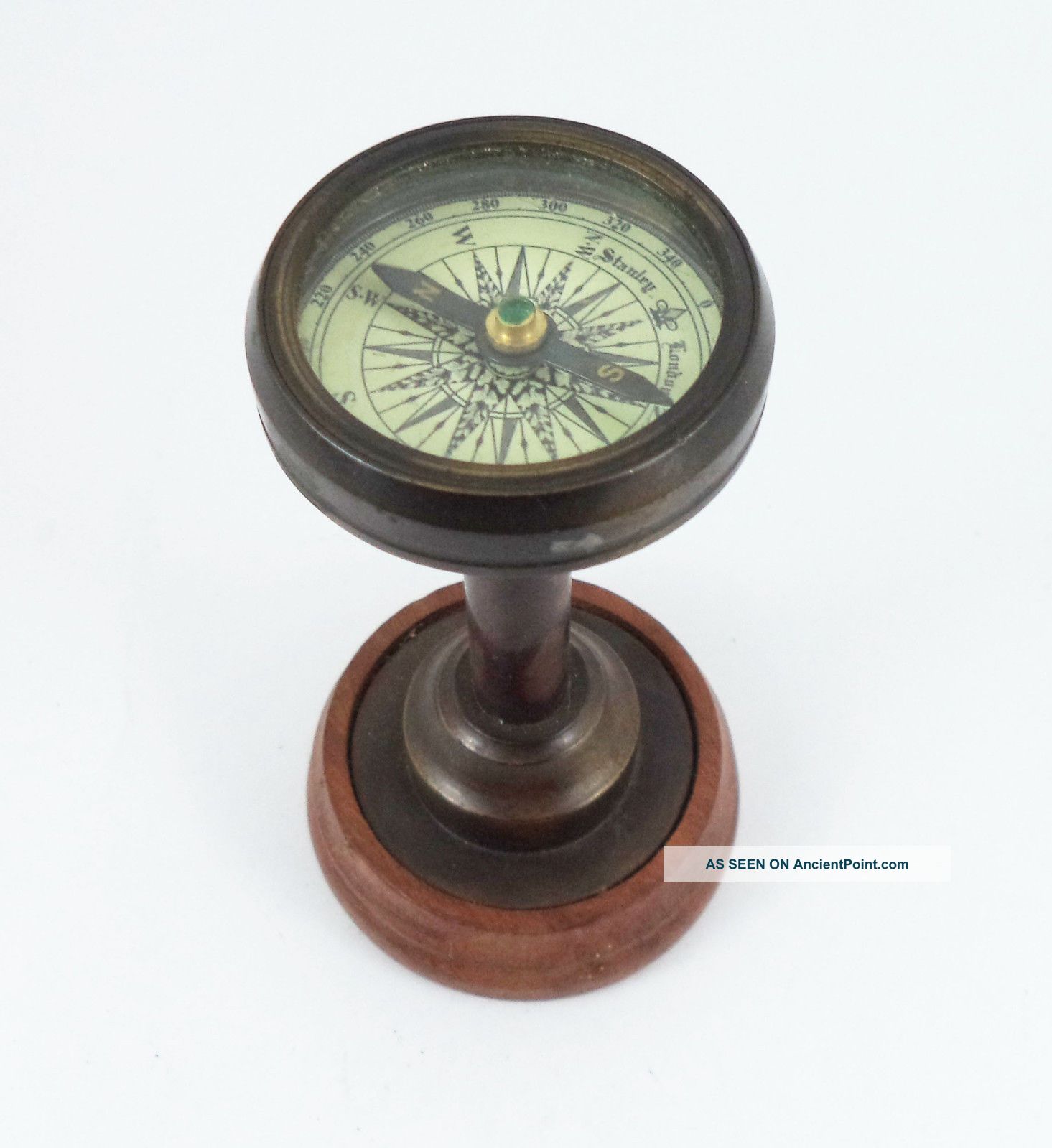 Reproduction Antique Nautical Desktop Brass Compass With Wood Stand Compasses photo
