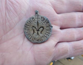 Fantastic Medieval 13th Century Personal Round Lead Seal Lis In Centre photo