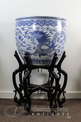 Important Huge Antique Chinese Blue,  White Porcelain Fish Bowl Planter W Dragon photo