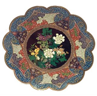 Antique Chinese Cloisonne Bronze Enamel Dish Plate Bowl Floral Butterflies Vtg photo