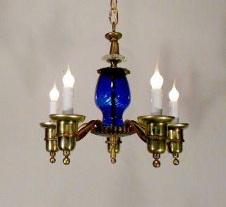 Antique Vintage Brass And Blue Glass Chandelier Ceiling Light Fixture Lamp photo