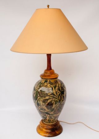 Large Vintage Italy Majolica Pottery Glazed Table Lamp Wood Base Cap photo