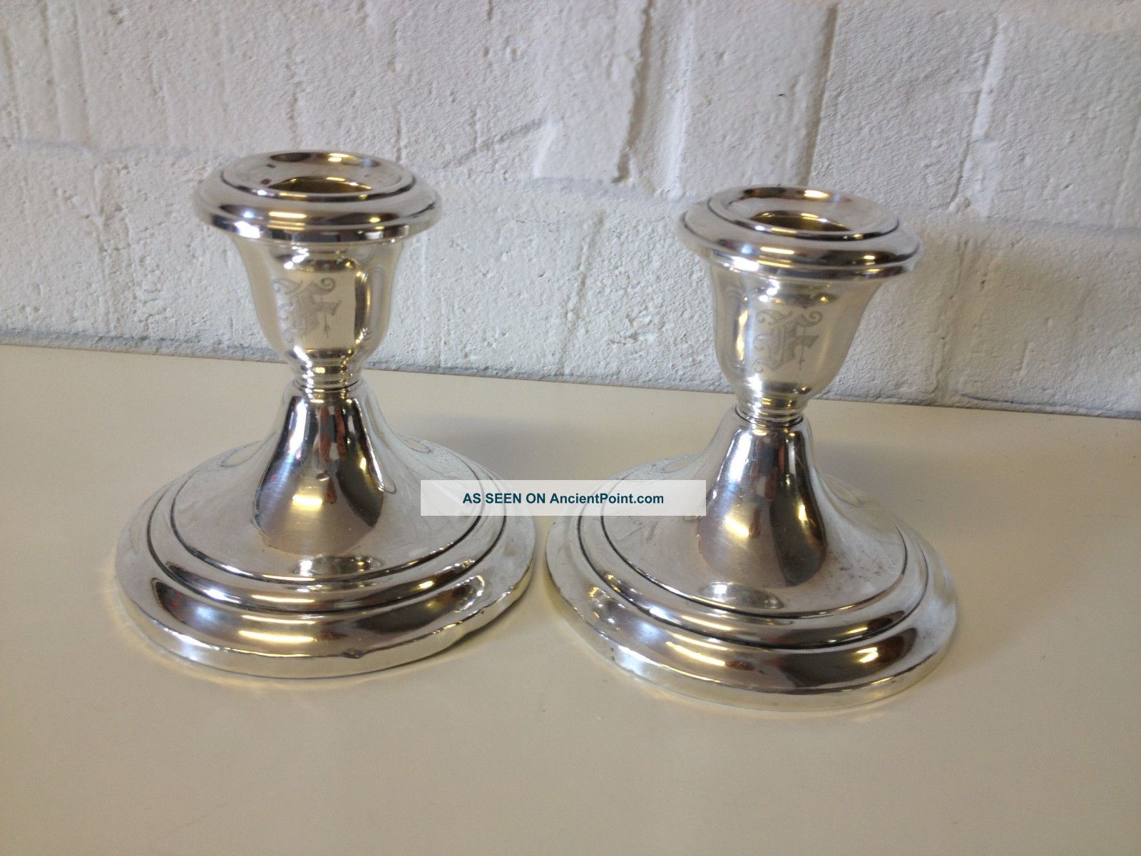 Gorham Sterling Silver Weighted Candle Stick Holders W/ F Monogram Candlesticks & Candelabra photo