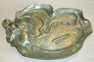 Vintage Art Nouveau Brass Ashtray With Pretty Lady Picture Old photo