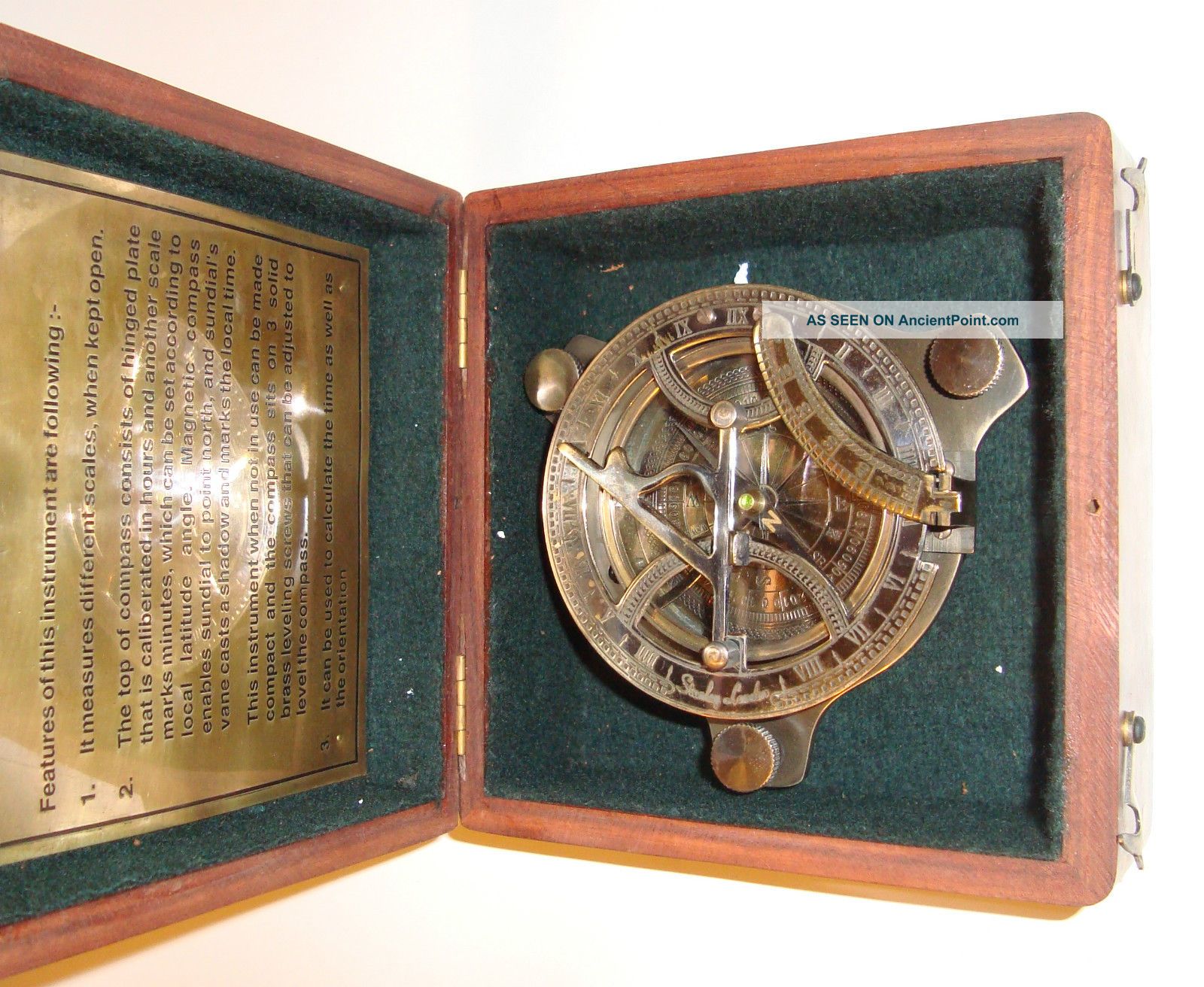 Solid Brass Collectable Large Sundial Compass With Wooden Box (cz) Compasses photo