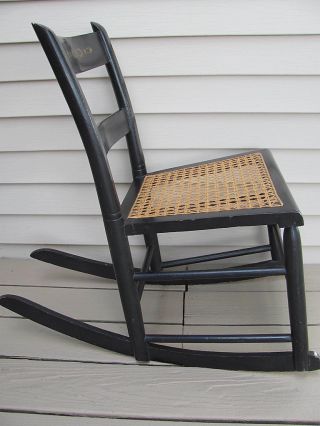 Vintage Shaker Style Child ' S Rocking Chair Cane Bottom Ladder Back Black Painted photo