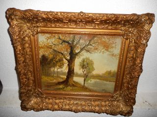 Old Oil Painting,  Landscape With A River And Trees,  Is Signed,  Great Frame photo