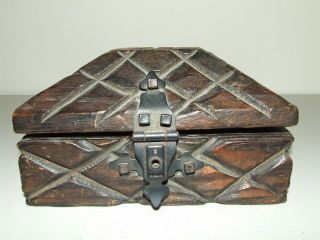 Antique 19th C.  Hand Carved Wood Wooden Pirate Chest Trinket Cigar Jewelry Box photo