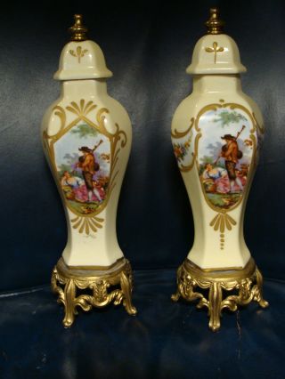 Pair Signed Antique French Small Scenic Garnitures Urns With Sevres Like Mark photo