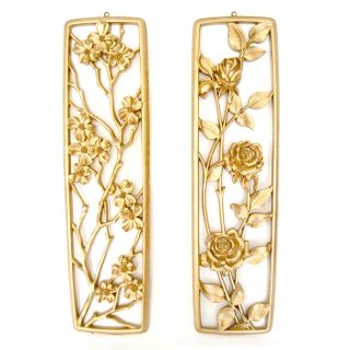 Vintage 2 Gold Mid - Century Long Floral Wall Hangings Roses Cherry Blossom Decor photo