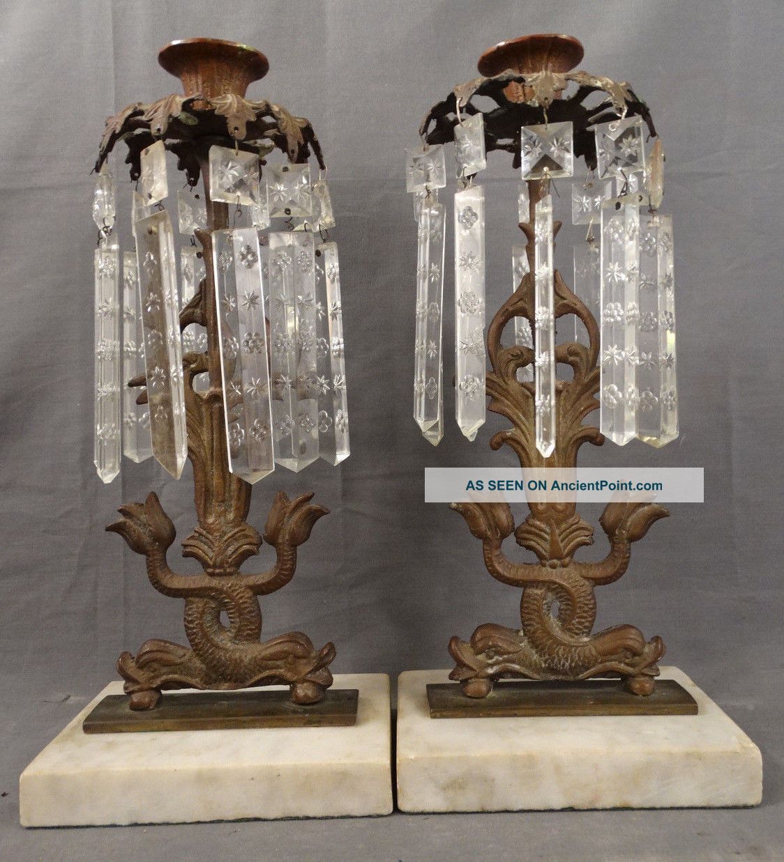 (2) Antique 19thc Figural Bronze Dolphin Nautical Koi Fish Girandole Candlestick Metalware photo