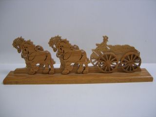 Wood Carved Horse Drawn Wagon Detailed Handcrafted Signed Copeland 18 1/2 