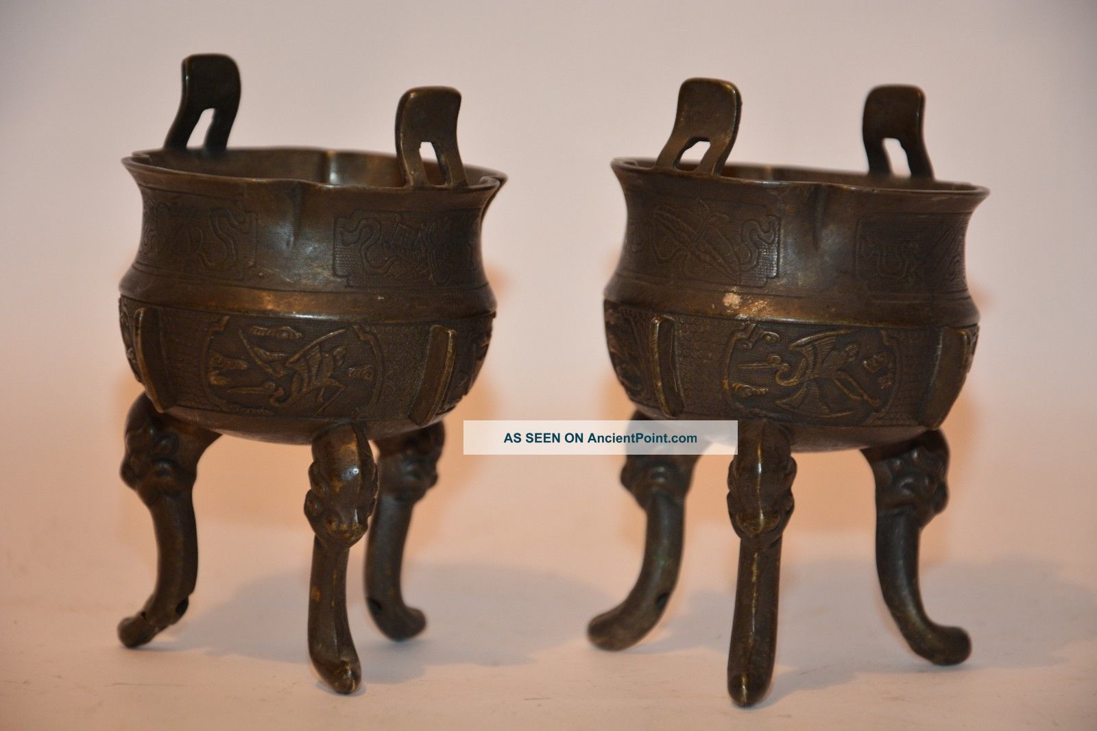 Antique Chinese Pair Tripod Bronze Incense Burners Incense Burners photo