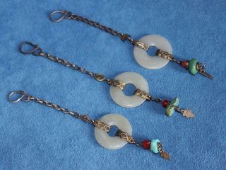 3 Antique Chinese Carved Jade Turquoise Coral Opium Chatelaine Silver Necklaces photo
