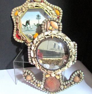 2 Antique Shell Work Convex Glass Diorama Sailors Valentines Inc Ss Titanic photo