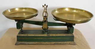 Antique Cast Iron Beam Balance Scale W/ Brass Pans - Orig.  Paint - Large photo