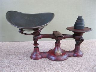 Antique Balance Scale Vintage Primitive Cast Iron,  5 Weights,  Red Paint photo
