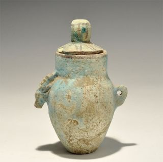 Vintage Egyptian Pale Blue Glazed Canopic Jar With Figural Ibex & Pierced Handle photo