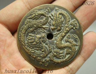53mm China Totem Pure Bronze 2 Dragon Statue Copper Coin Bi Amulet Pendant 神龙图腾 photo