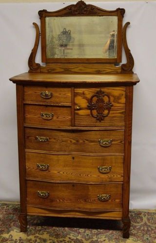 Antique Solid Oak Bonnet Top Serpentine Dresser Chest Of Drawers Highboy Mirror photo