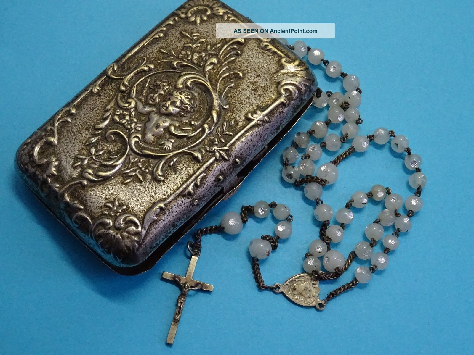 Antique Rosary Box Cherubs // Antique Rosary Silver Dotted Glass Beads Art Nouveau photo