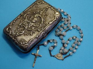 Antique Rosary Box Cherubs // Antique Rosary Silver Dotted Glass Beads photo