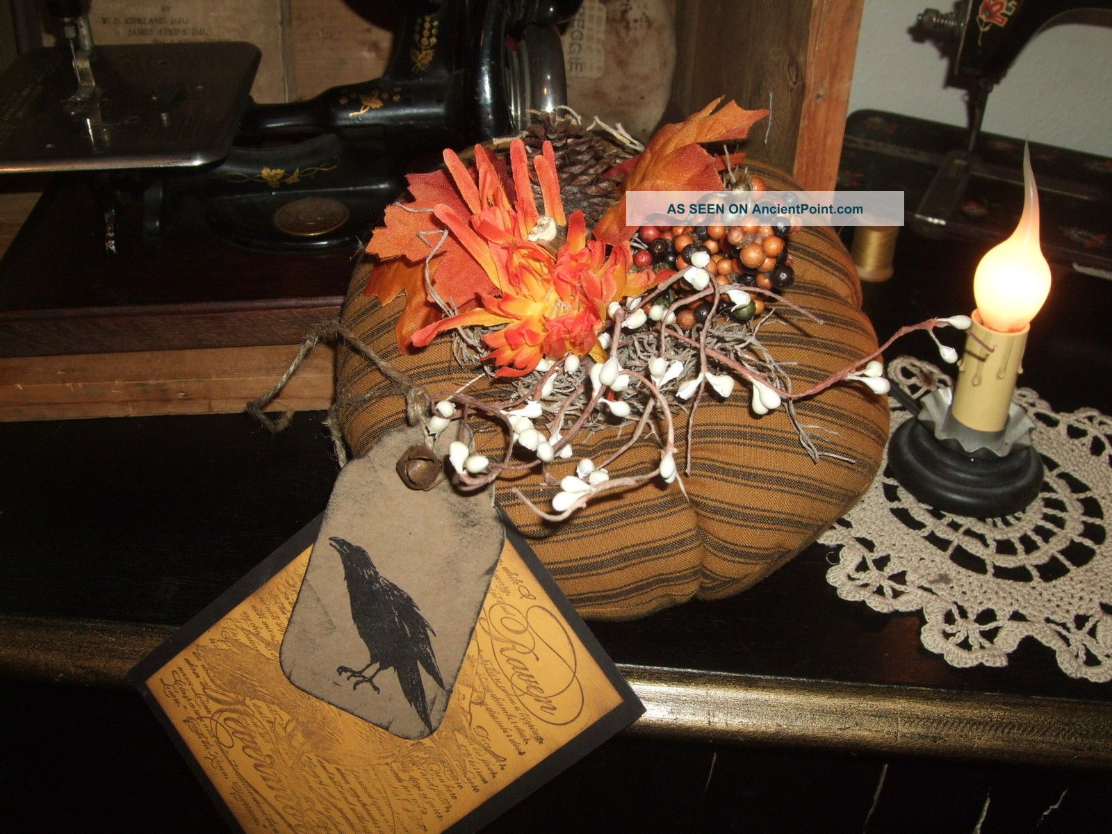 Primitive Black Homespun Ticking Pumpkin Harvest Fall Cupboard Tucks Ornies Primitives photo