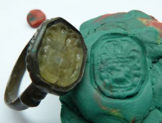 Post - Medieval Bronze Seal - Ring With Glass Insert.  (436) photo