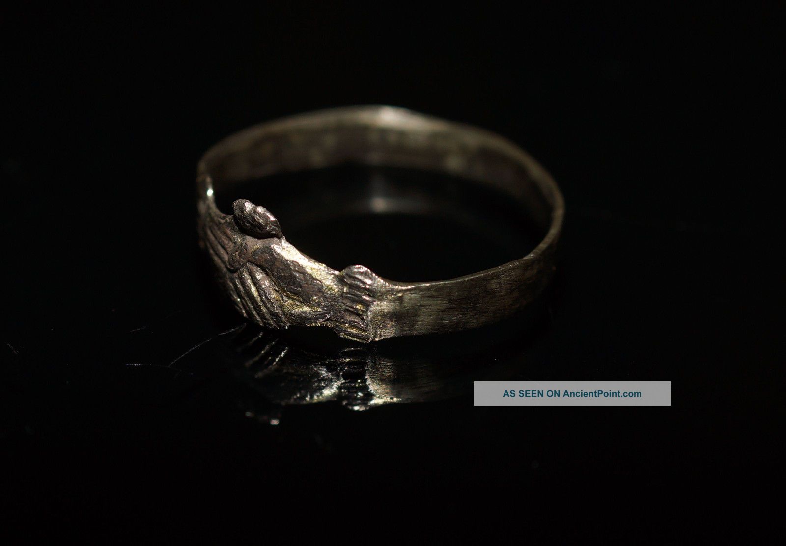 Womans Medieval Hammered Gilt Silver Clasped Hands Marriage Ring. European photo