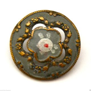 Vintage Hand Painted Blue & Flower Matte Enamel & Pierced Openwork Button photo