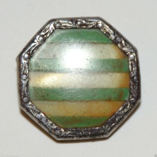 Green & White Striped Octagon 8 Sided Detailed Border Waist Coat Cuff Button photo