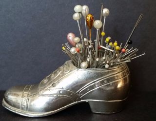 Vintage Antique Silver Plate Shoe Pin Cushion With Pins photo