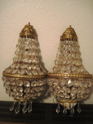 Vintage French Basket Empire Style Wall Sconces Brass Crystal Chandelier photo