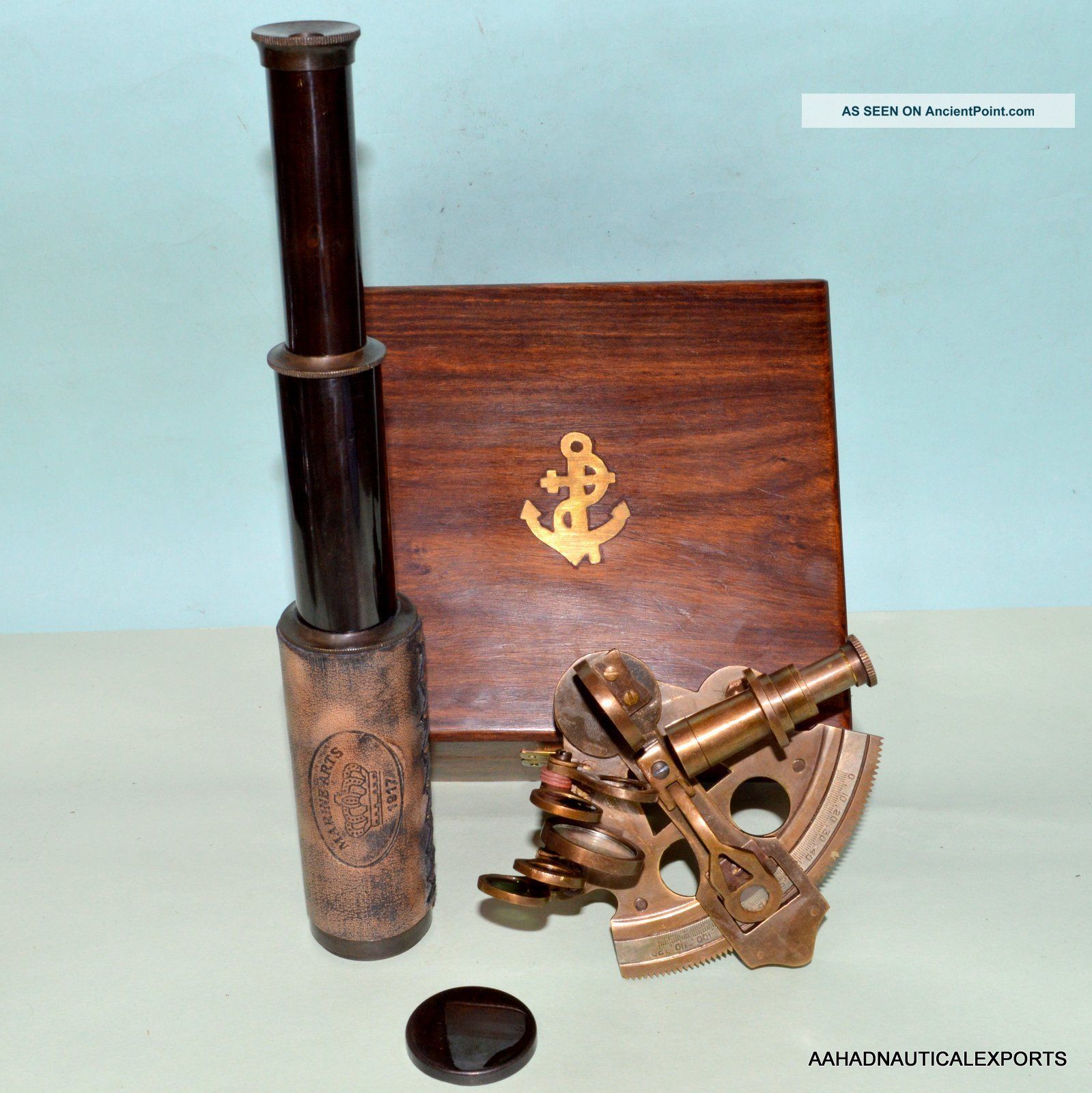 Solid Brass Sextant Brass Telescope With Wooden Box Nautical Astrolabe Gift Sextants photo