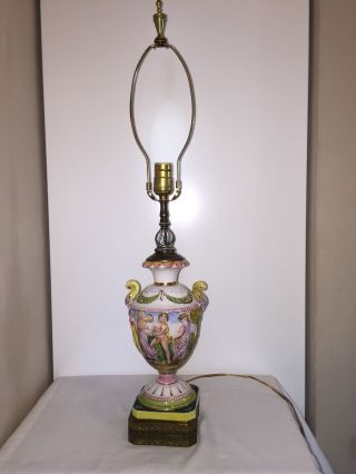 Vintage Capodimonte Hand Painted Porcelain Table Lamp Cherubs & Roman Gods Italy photo