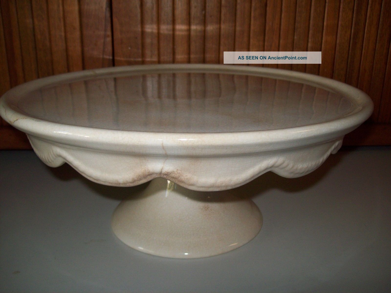 Antique White Ironstone Pedestal Cake Stand Scalloped Skirt