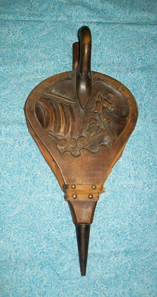Antique Norwegian Hand Carved Viking Ship Wood And Leather Fireplace Bellows photo