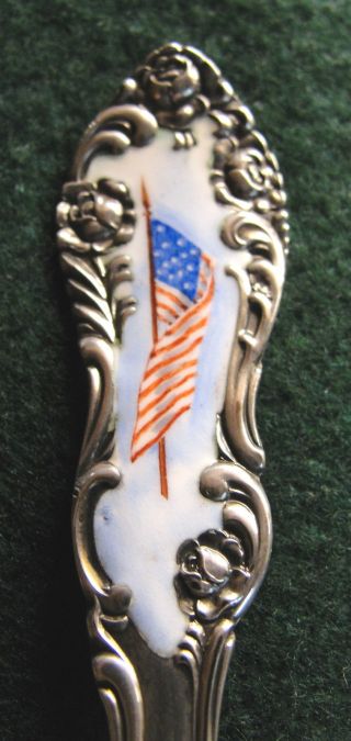 Sterling Souvenir Spoon American Flag Enamel Handle,  1898 photo